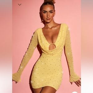 Oh Polly NICE Long Sleeve Deep Plunge Mini Dress in Yellow US2